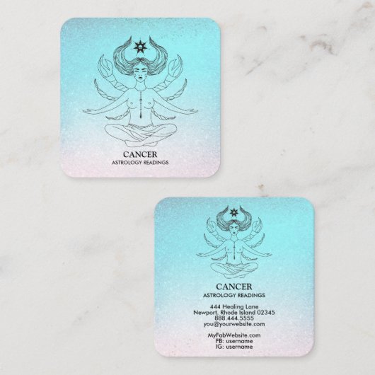 Carte De Visite Carré *~* CANCER - Zodiac Astrologie Lecture Aqua Partie (Devant / Derrière)