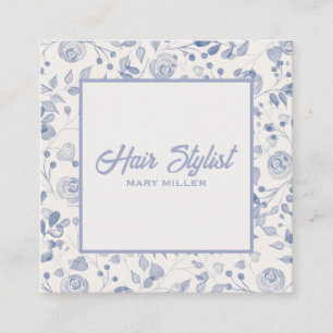 Carte De Visite Carré Carré Floral Bleu Poussiéreux Élégant QR Coiffeur