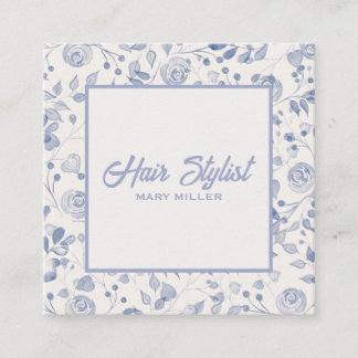 Carte De Visite Carré Carré Floral Bleu Poussiéreux Élégant QR Coiffeur