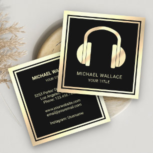 Carte De Visite Carré Casque de musique DJ à feuille dorée fausse noire