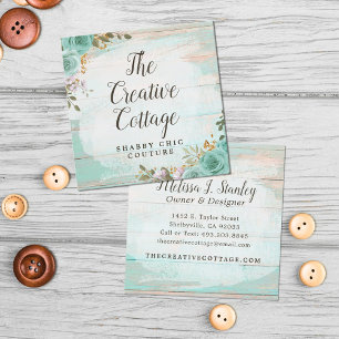 Carte De Visite Carré Charme rustique de cottage délabré, floral turquoi