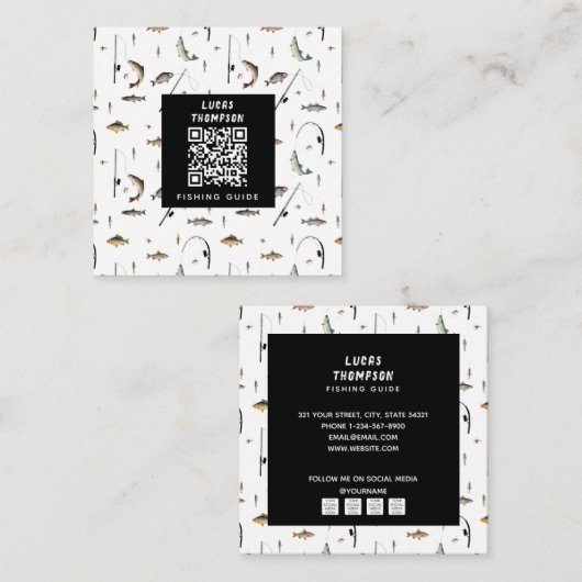 Carte De Visite Carré Chartes de guide de pêche professionnelle Code QR (Devant / Derrière)