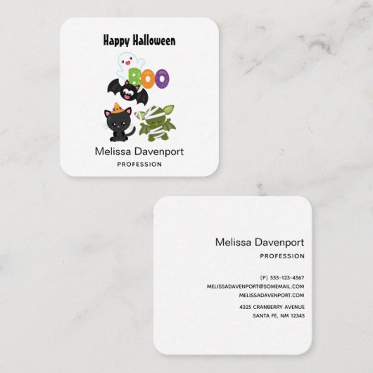 Carte De Visite Carré Chat de Cute Halloween, bat, mummy et ghost (Devant / Derrière)
