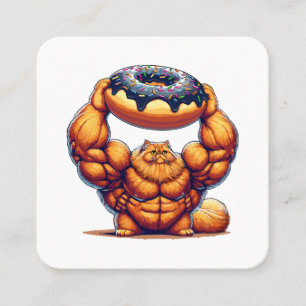 Carte De Visite Carré Chat Musclé qui Soulève un Beignet