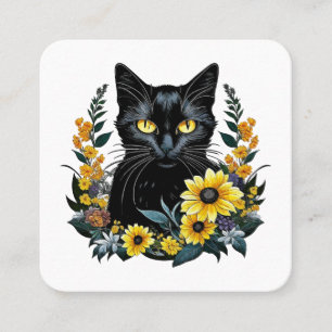 Carte De Visite Carré chat noir avec des fleurs