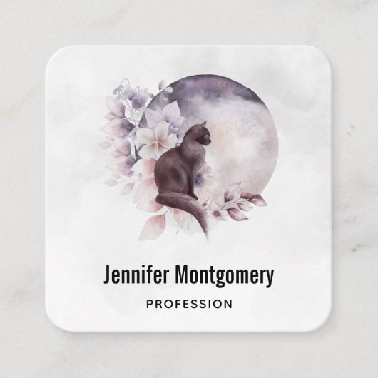 Carte De Visite Carré Chat noir devant une Pleine lune magique (Devant)