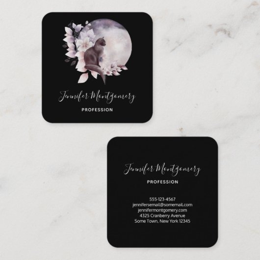 Carte De Visite Carré Chat noir devant une Pleine lune magique (Devant / Derrière)