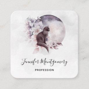 Carte De Visite Carré Chat noir devant une Pleine lune magique