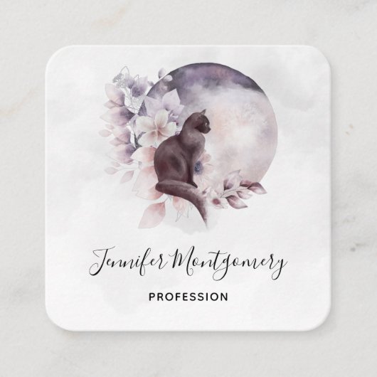 Carte De Visite Carré Chat noir devant une Pleine lune magique (Devant)