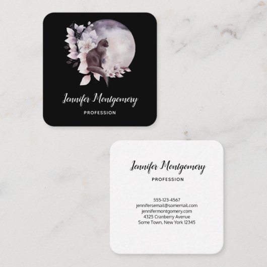 Carte De Visite Carré Chat noir devant une Pleine lune magique (Devant / Derrière)