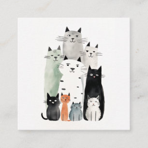 Carte De Visite Carré Chats et amis Aquarelle Gouache Illustration