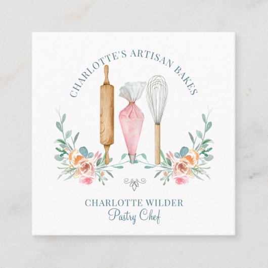 Carte De Visite Carré Chef pâtissier Baker Aquarelle Outils Baker (Devant)