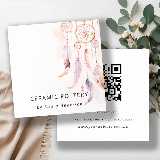 Carte De Visite Carré Chic Boho Dreamcatcher Aquarelle QR Code