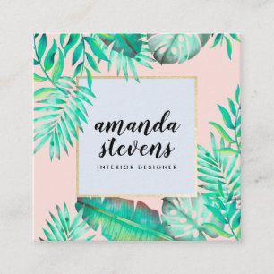 Carte De Visite Carré Chic cadre or rose pâle aquarelle tropicale
