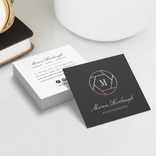 Carte De Visite Carré Chic Faux Rose Photographe Or Monogramme Logo