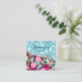 Carte De Visite Carré Chic floral glittery aqua violet argent monogramme (Debout devant)