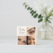 Carte De Visite Carré Chic Mocha Brown Cream Script 3 Photo Lashes Brows (Debout devant)
