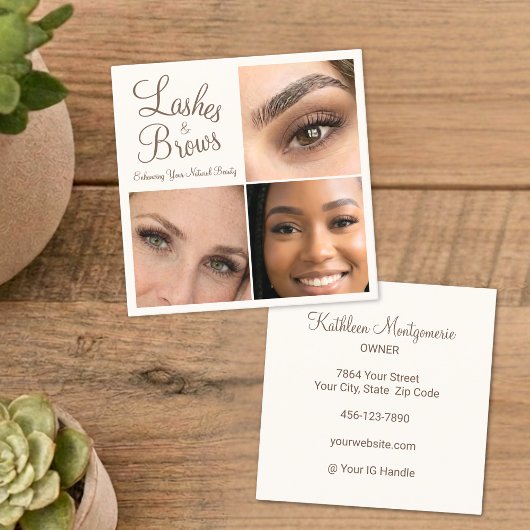 Carte De Visite Carré Chic Mocha Brown Cream Script 3 Photo Lashes Brows