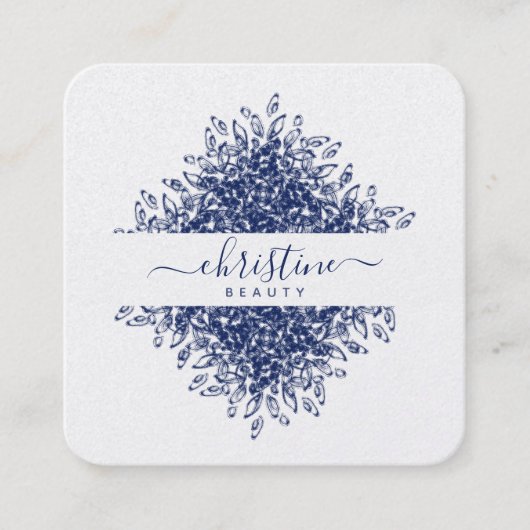 Carte De Visite Carré Chic Navy Blue Mandala Dessin Signature Script (Devant)