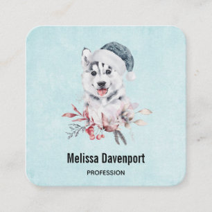 Carte De Visite Carré Chien de Noël Husky dans un chapeau de Père Noël
