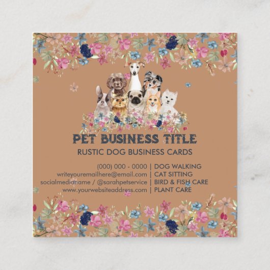 Carte De Visite Carré Chiens Fleurs Animaux Rustiques Service Floral (Dos)