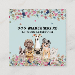 Carte De Visite Carré Chiens Fleurs Service Floral Rustique Teal