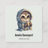 Carte De Visite Carré Chouette à gros yeux mignonne tenant un café (Devant)