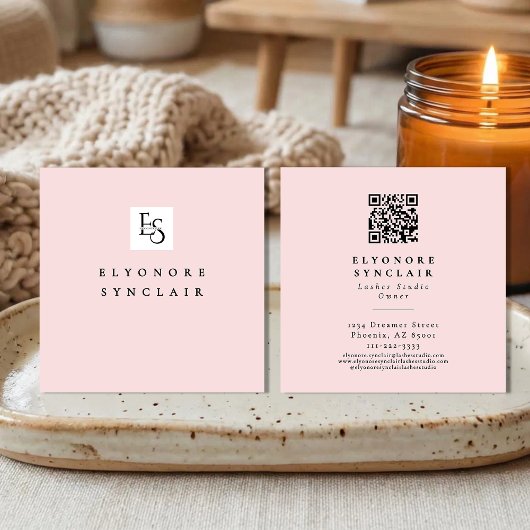 Carte De Visite Carré Cils Code QR Logo Script Rose Pâle