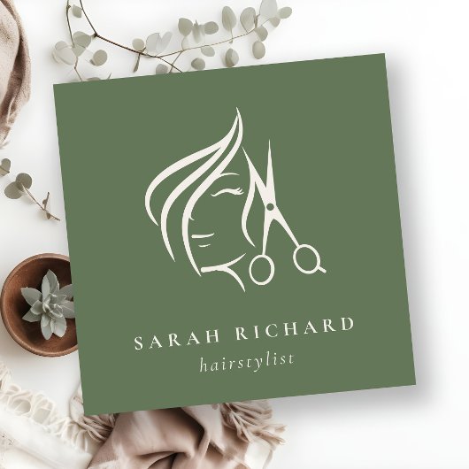 Carte De Visite Carré Ciseau à cheveux vert de mousse de cou à coiffure 