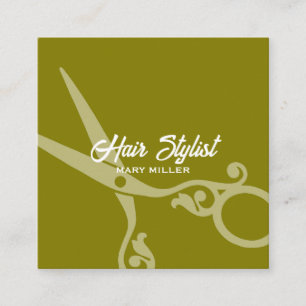 Carte De Visite Carré Ciseaux de coiffeur carrés vert olive Code QR