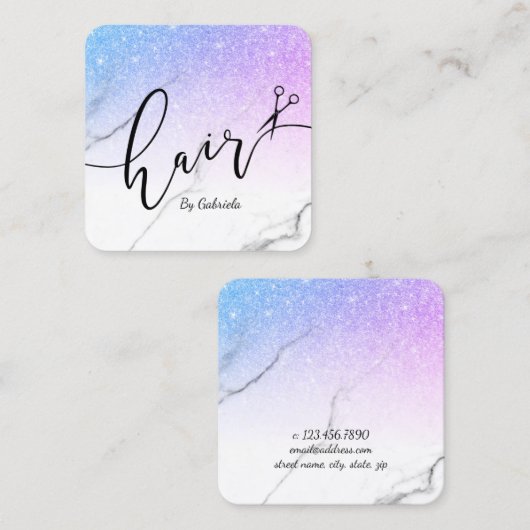 Carte De Visite Carré Ciseaux de parties scintillant violet moderne coif (Devant / Derrière)