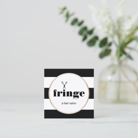 Carte De Visite Carré Ciseaux dorés coiffeur noir blanc rayé (Debout devant)