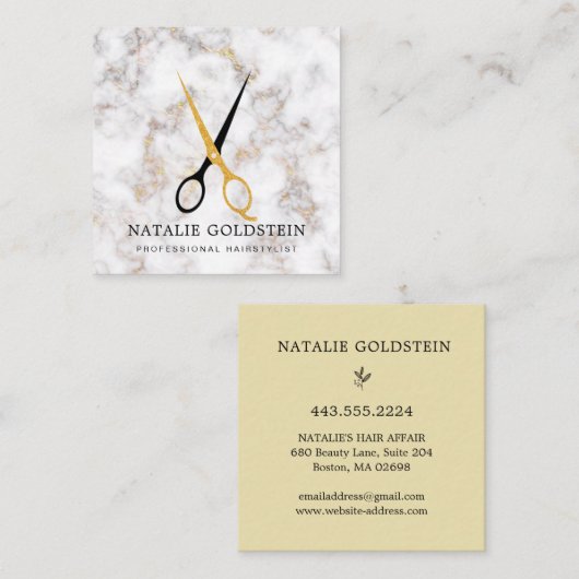 Carte De Visite Carré Ciseaux noir et or en marbre coiffeuse (Devant / Derrière)
