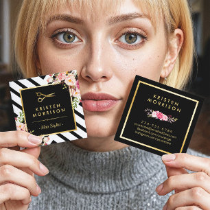 Carte De Visite Carré Ciseaux Or Fleurs Cheveux Styliste Beauté Salon