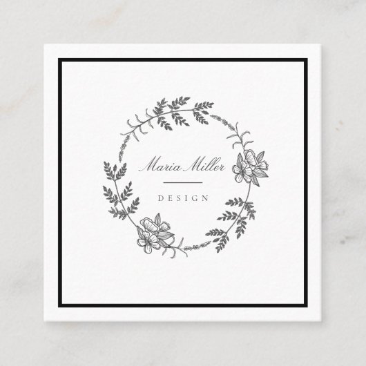 Carte De Visite Carré Classique floral romantique moderne noir blanc (Devant)