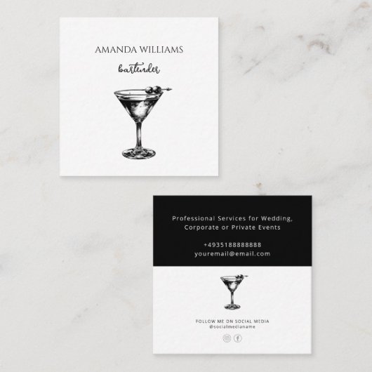 Carte De Visite Carré Cocktail noir et blanc Bartender professionnel (Devant / Derrière)