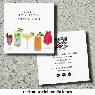 Carte De Visite Carré Cocktails Bartender Event Planner QR Code