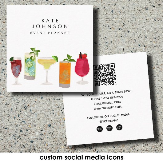Carte De Visite Carré Cocktails Bartender Event Planner QR Code