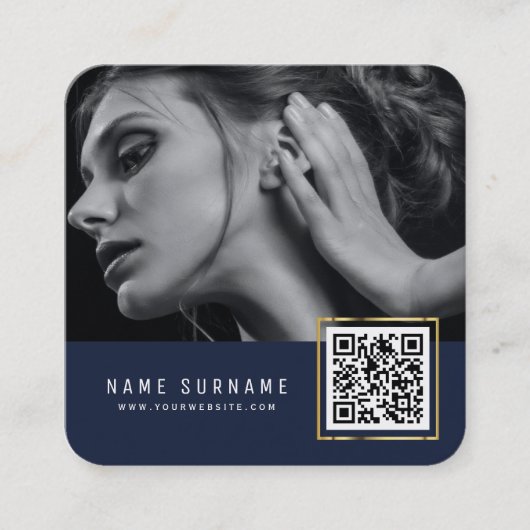 Carte De Visite Carré Code barre scannable bleu foncé QR code photo  (Devant)