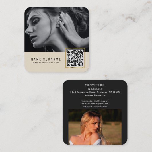 Carte De Visite Carré Code-barres scannable beige QR code photo (Devant / Derrière)