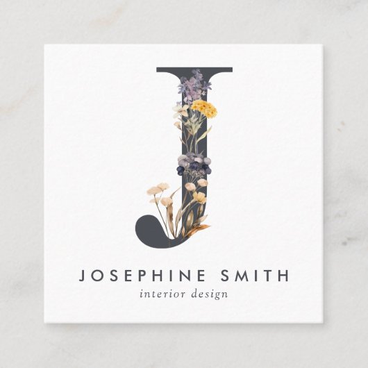 Carte De Visite Carré Code J QR initial du Fleur sauvage Boho (Devant)