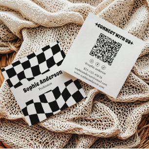 Carte De Visite Carré Code QR à carreaux noir et blanc moderne