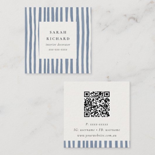 Carte De Visite Carré Code QR à rayures dessinées à la main bleu poussié (Devant / Derrière)