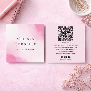 Carte De Visite Carré Code QR Abstrait Aquarelle Rose et Blanc Moderne