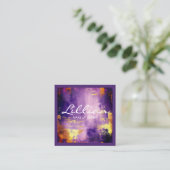 Carte De Visite Carré Code QR abstrait de luxe violet et or (Debout devant)