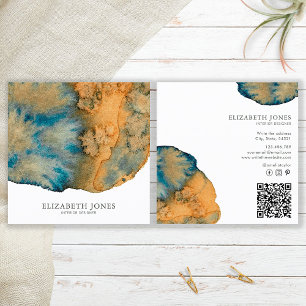 Carte De Visite Carré Code QR Aquarelle Abstrait Terracotta Bleu Unique