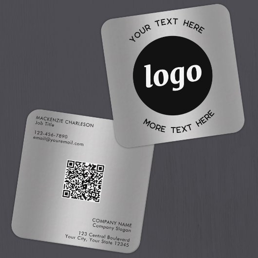 Carte De Visite Carré Code QR argent simple logo et texte