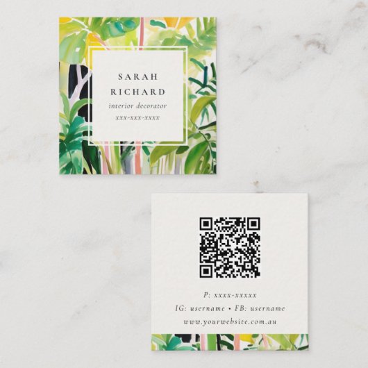 Carte De Visite Carré Code QR botanique de feuillage de feuille tropical (Devant / Derrière)