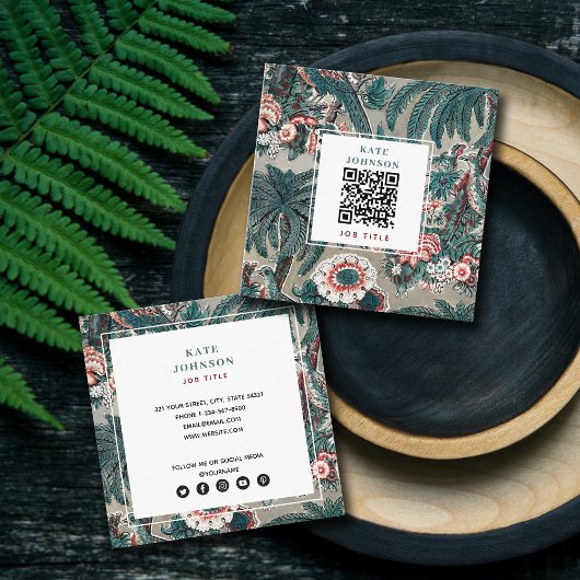 Carte De Visite Carré Code QR botanique tropical Icônes des médias socia
