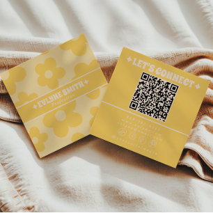 Carte De Visite Carré Code QR crème jaune rétro Floral tendance Groovy